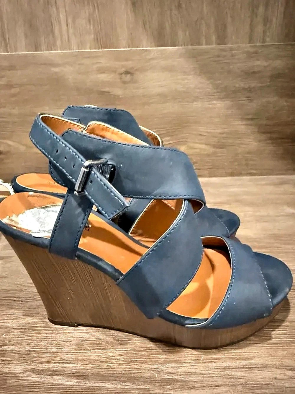 Blue Ankle Strap Wedge Sandals